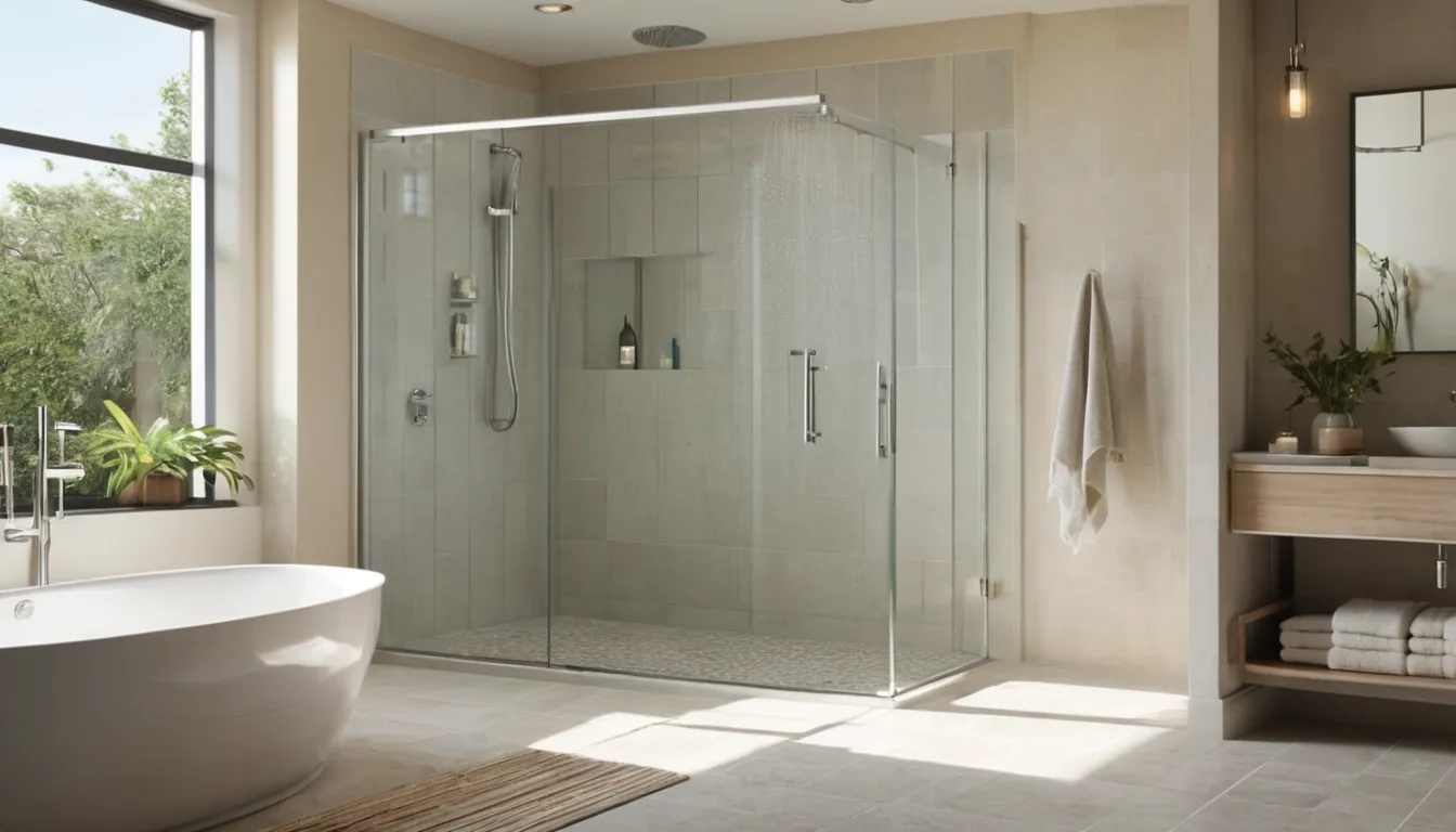 Bright, accessible walk-in shower with a bench and grab bar in a home near Clearwater